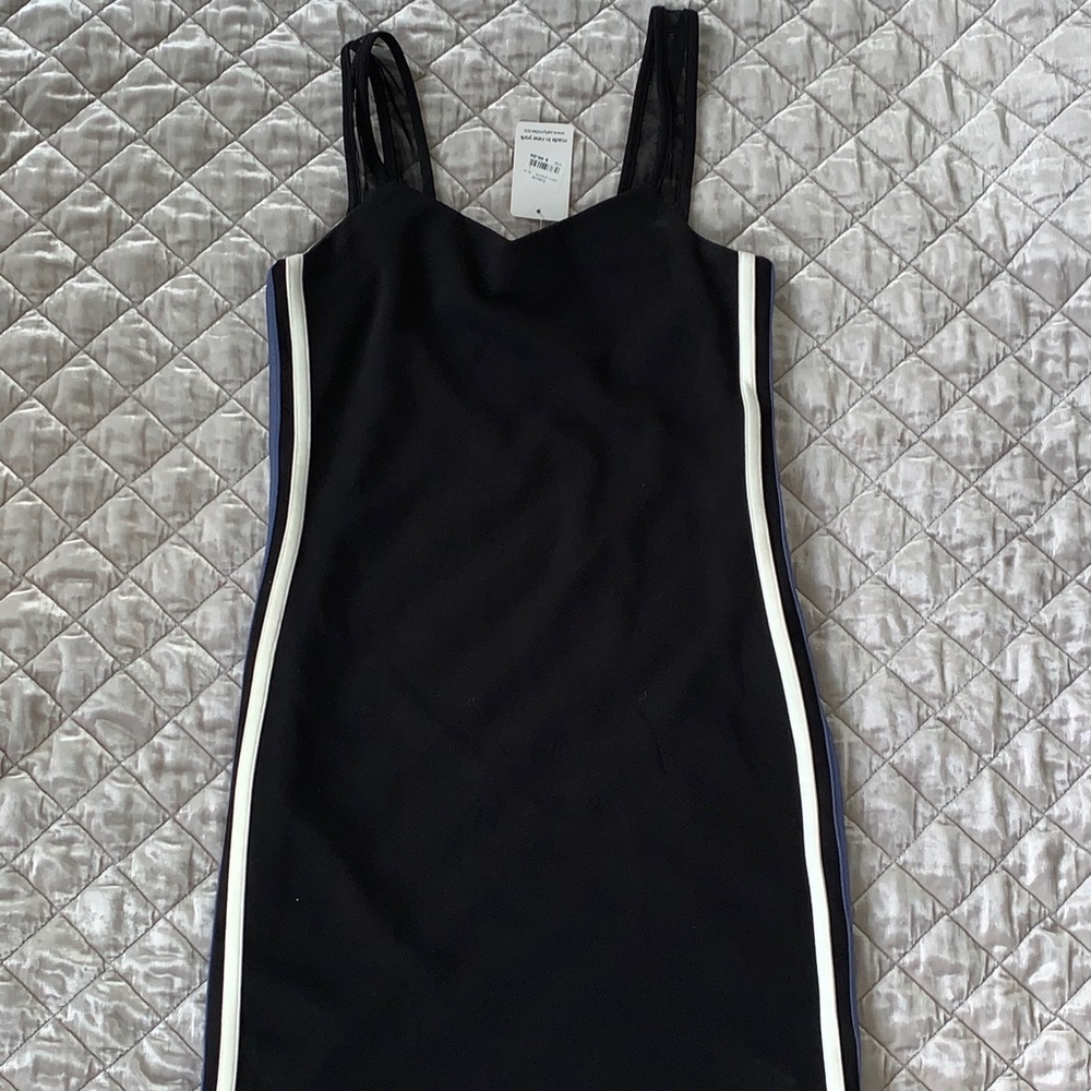 NEW black dress with blue/white stripes on side